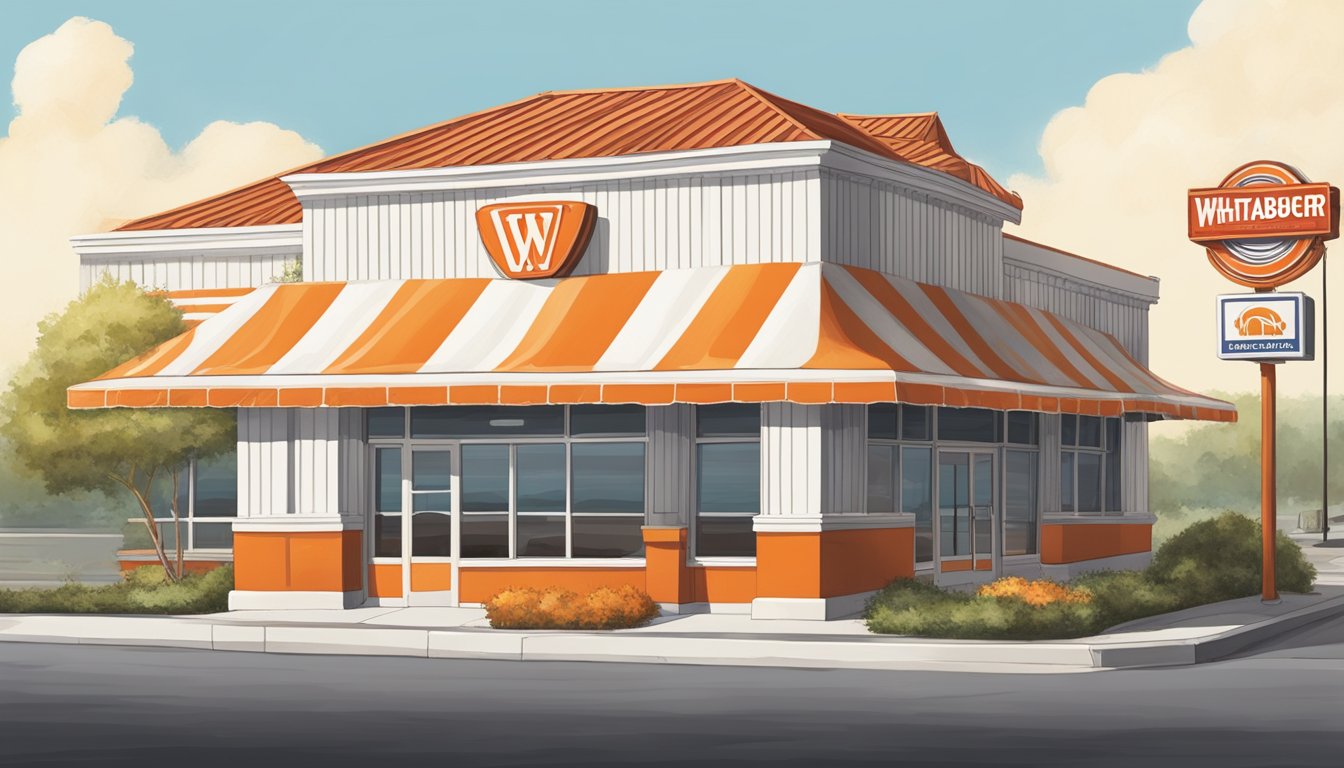 A classic red and white striped building with a large orange and white "W" logo on the front. A vintage sign with the words "Whataburger" hangs above the entrance