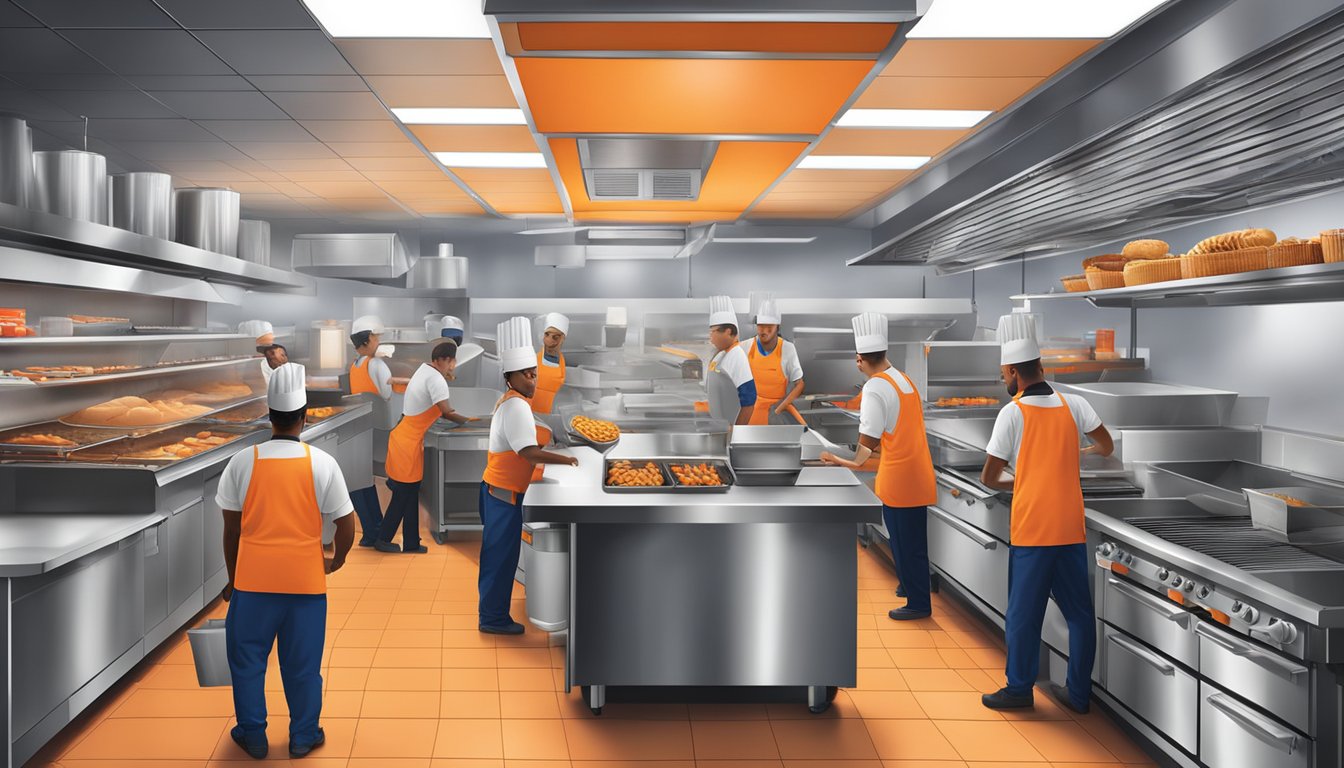 A busy Whataburger kitchen during the night shift with employees working alongside grills, fryers, and food prep stations