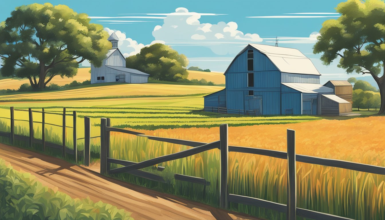 A rural landscape with a farmhouse, barn, and fields of crops, under a bright blue sky in Atascosa County, Texas