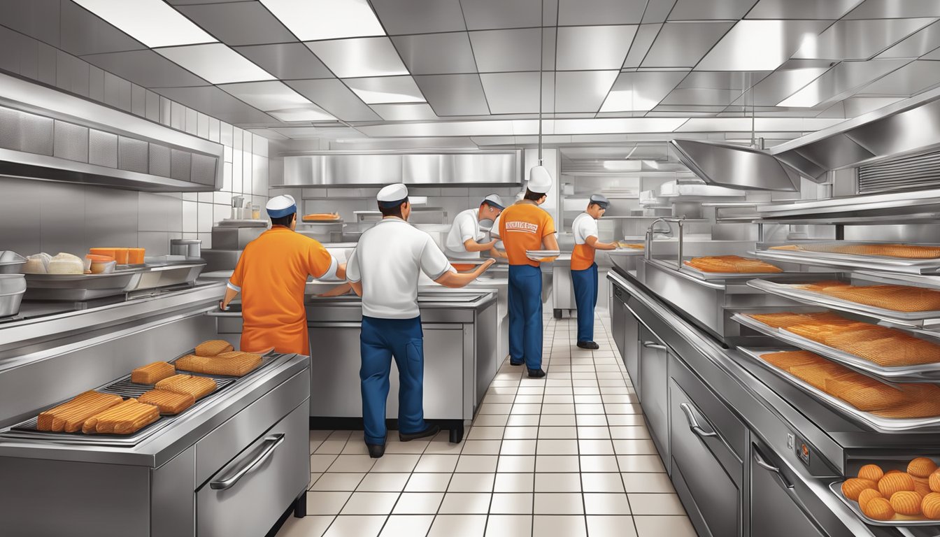 The bustling kitchen of a Whataburger restaurant, with employees working efficiently and diligently to prepare and serve delicious meals