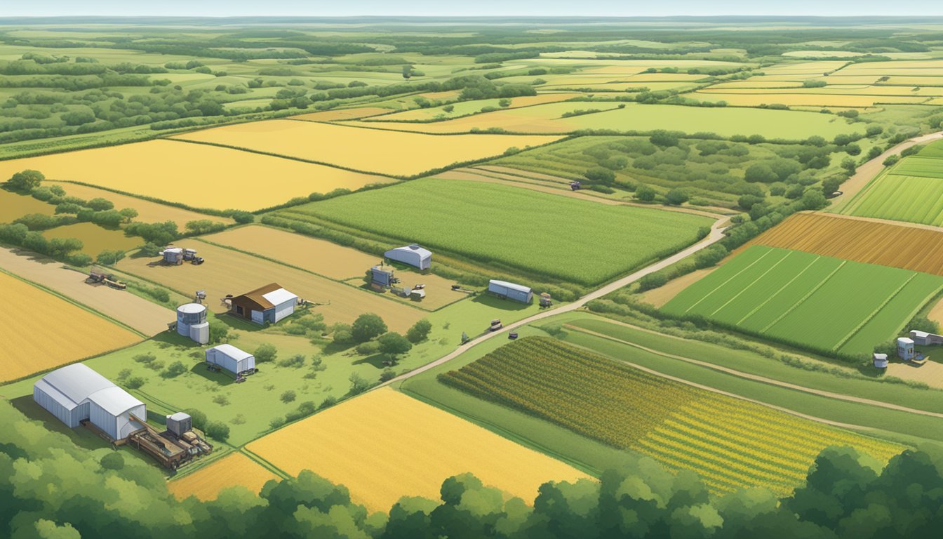 A sprawling rural landscape in Atascosa County, Texas, featuring fields of crops, grazing livestock, and agricultural machinery in action