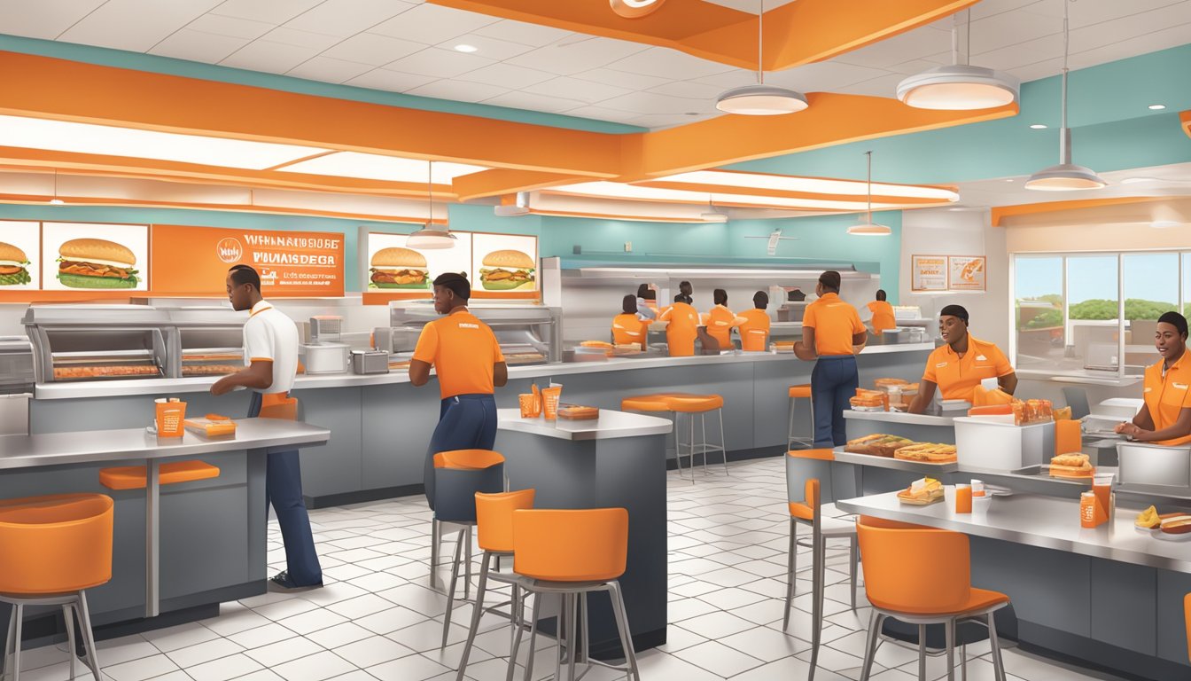 A bustling Whataburger restaurant with a clean and organized interior, employees working efficiently, and customers enjoying their meals