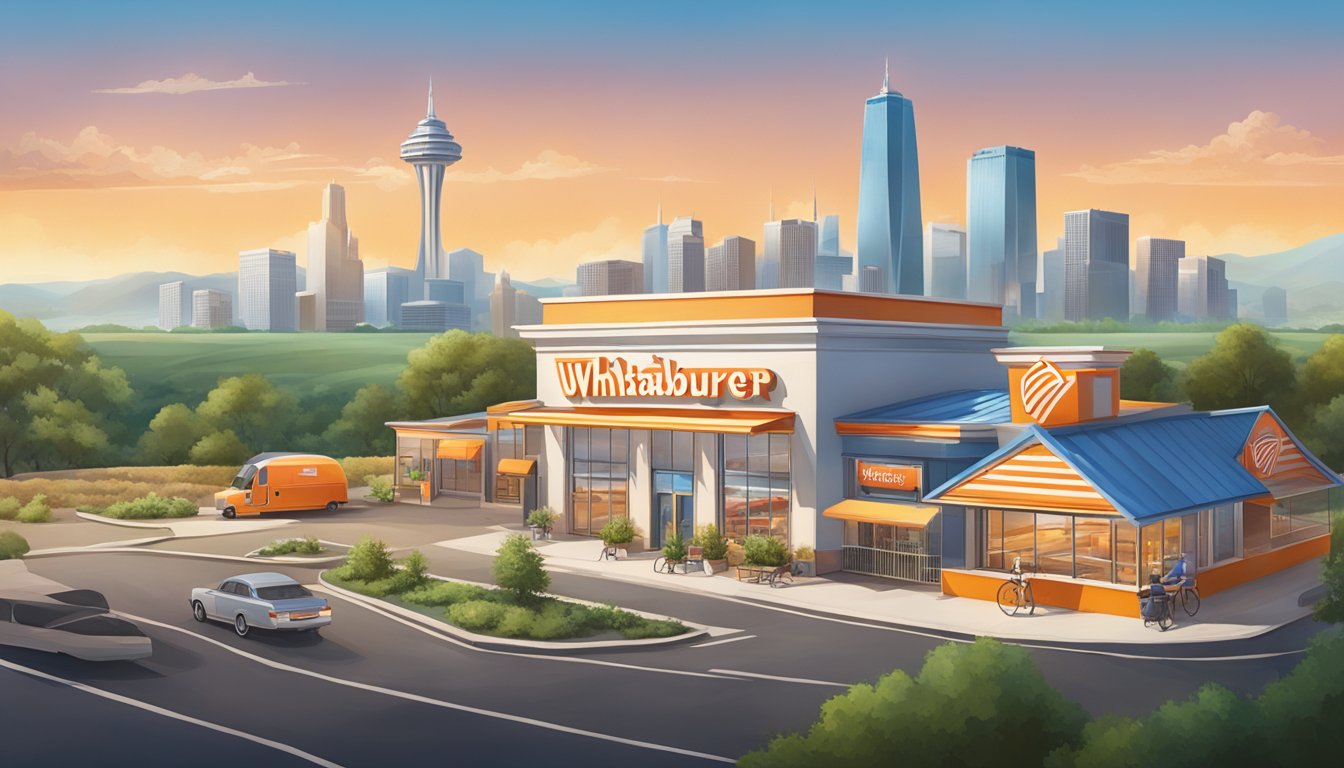 A bustling city skyline with a prominent Whataburger restaurant, surrounded by rolling hills and a vast expanse of open land