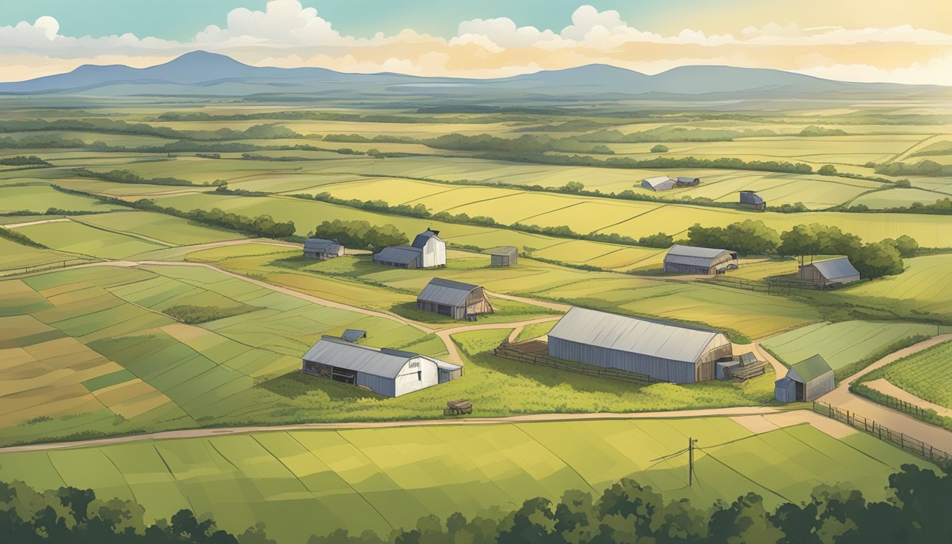 A sprawling rural landscape in Atascosa County, Texas, with fields of crops and grazing livestock, surrounded by a fence and marked with signs indicating agricultural exemptions