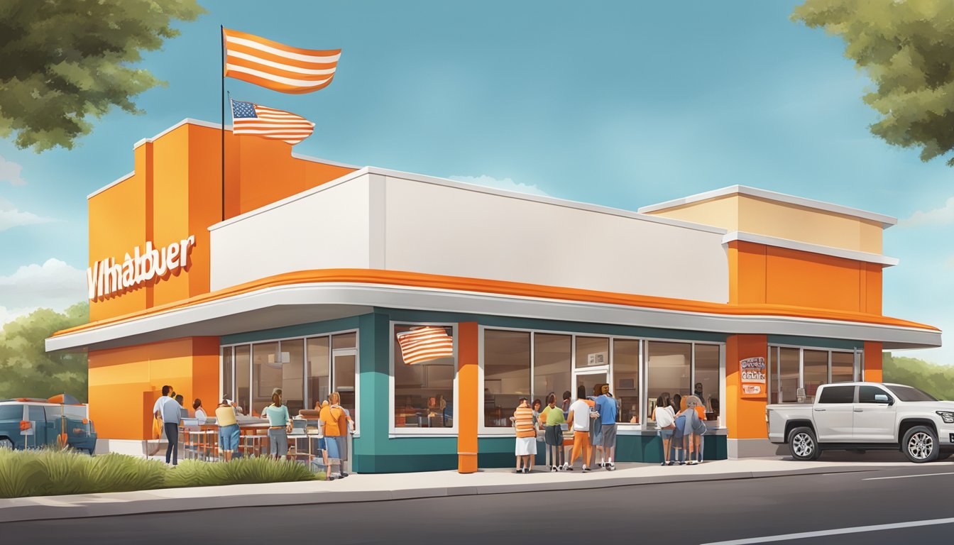 A bustling Whataburger restaurant with a line of customers, a friendly staff, and the iconic orange and white striped building