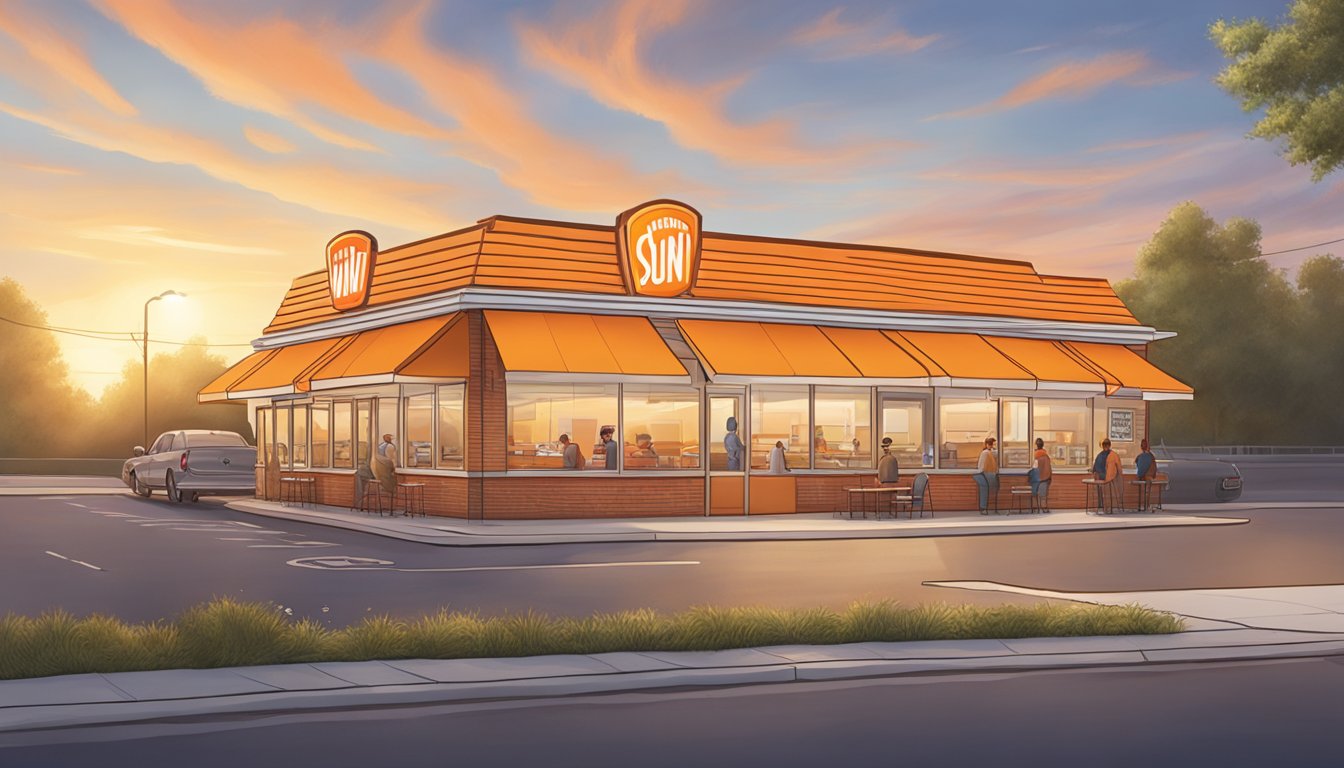 The sun rises over a Whataburger restaurant, with a sign displaying the breakfast hours. Customers wait in line as the morning rush begins