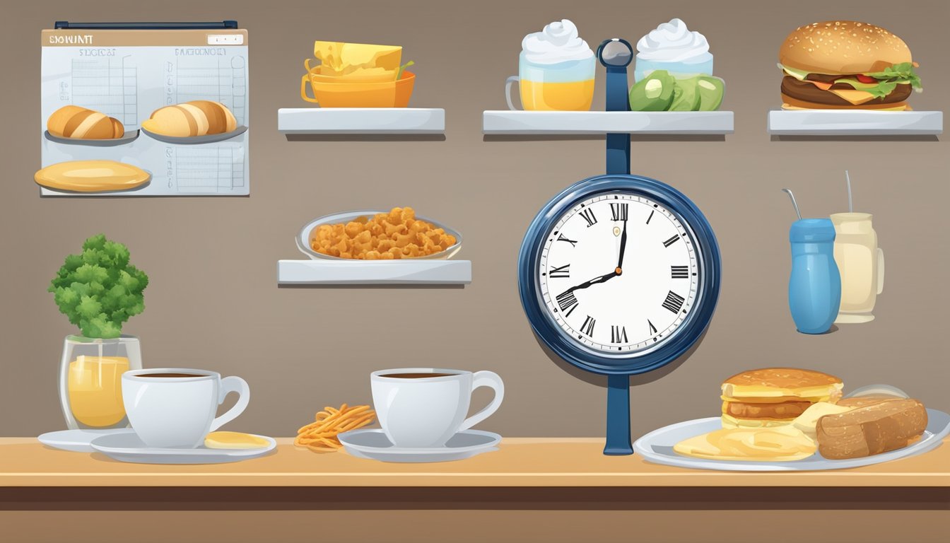 A clock on the wall shows the time transitioning from morning to afternoon, while a menu board changes from breakfast to regular items