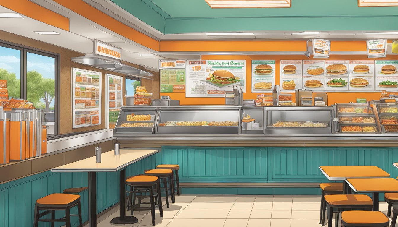 A bustling Whataburger restaurant with a diverse lineup of lunch menu items displayed on a colorful board above the counter