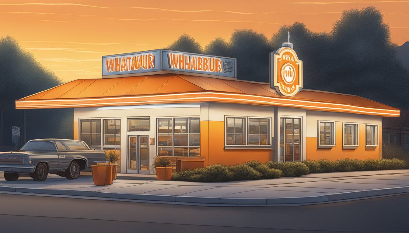 A Whataburger sign glowing in the early morning light, with a clock showing the time just before the breakfast menu ends