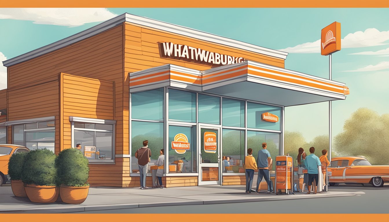 A sunny outdoor scene with a Whataburger restaurant sign and a line of customers at the drive-thru window