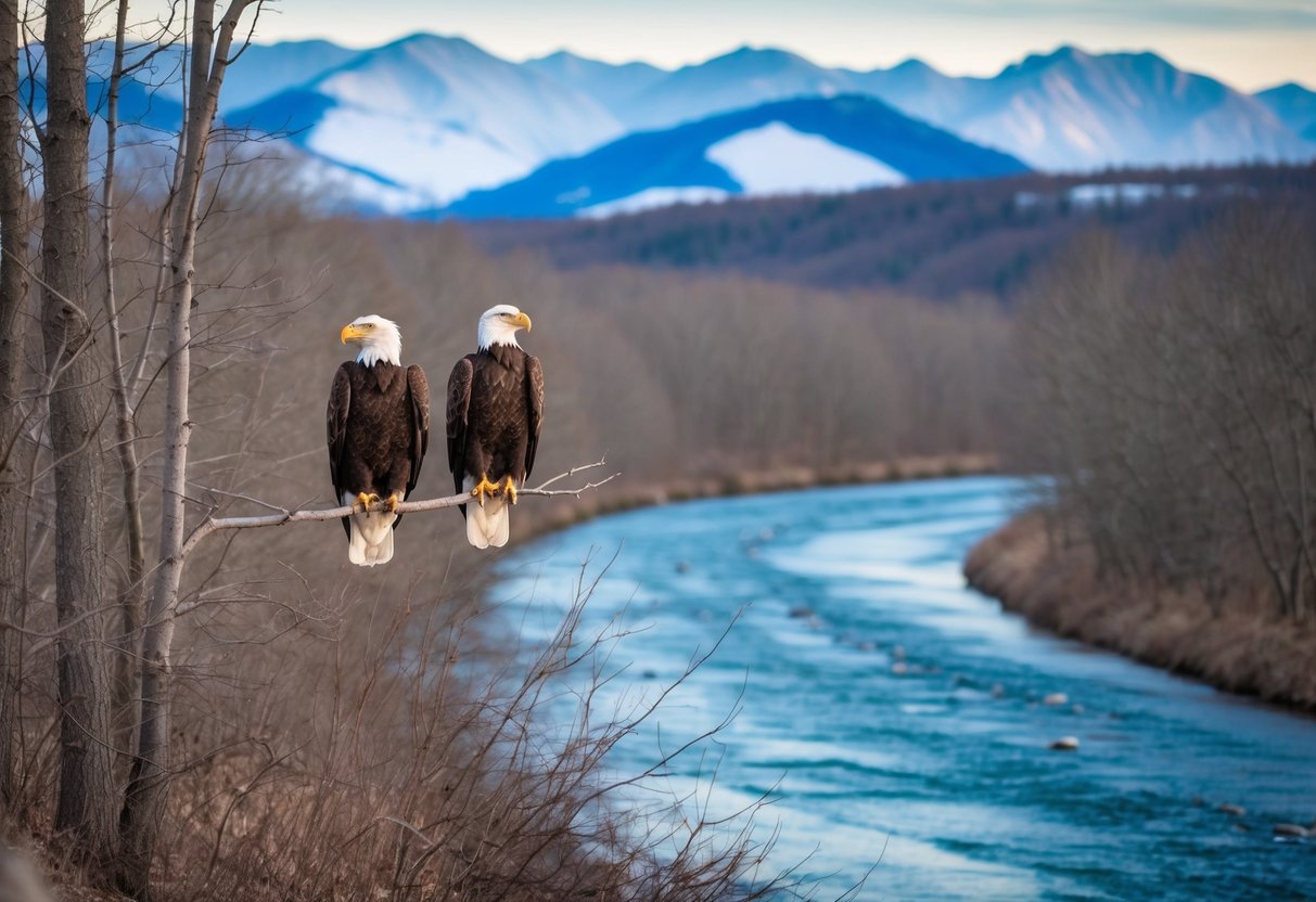 Bald eagles perched in leafless trees along a winding river, with snow-capped mountains in the distance