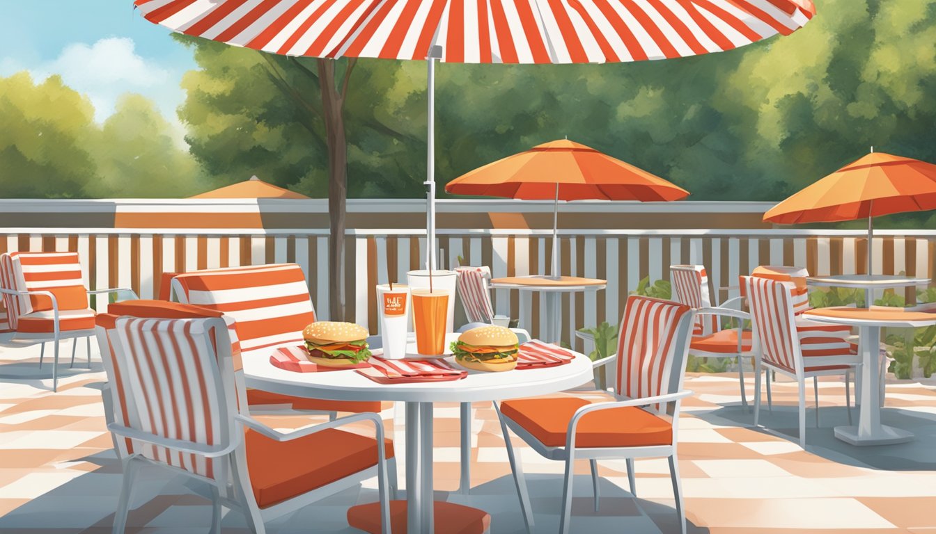 A sunny outdoor patio with a red and white striped umbrella, a table set with a Whataburger lunch spread, including burgers, fries, and drinks