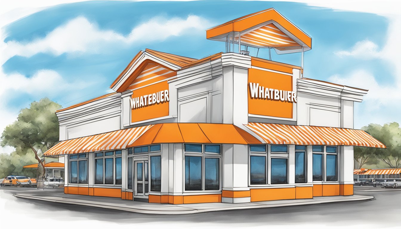 A bustling Whataburger restaurant in Lake Charles, with the iconic orange and white striped building and the distinctive flying W logo