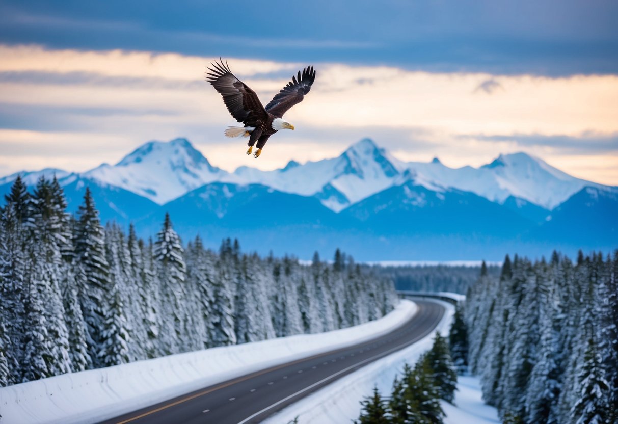 Bald eagles soar over the snow-covered trees along Highway 20, with the majestic Cascade Mountains in the background