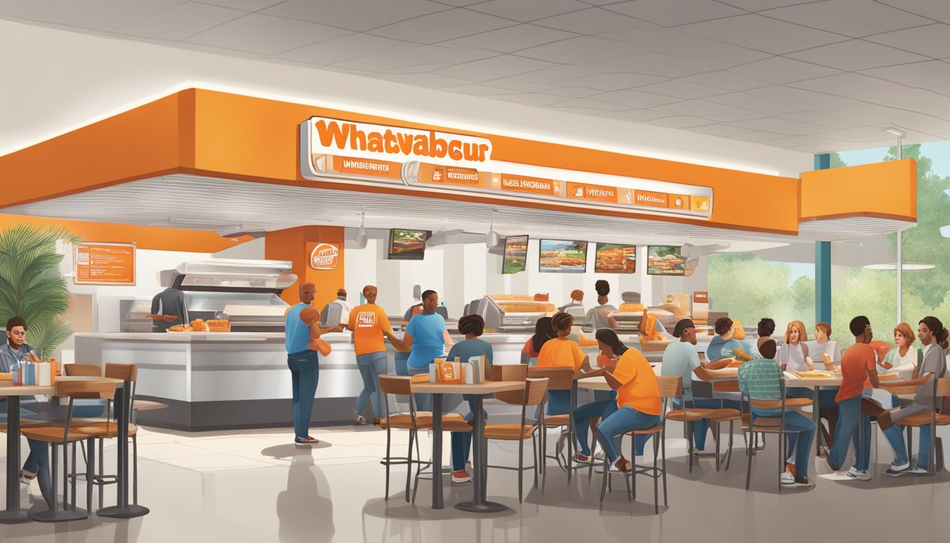 A bustling Whataburger restaurant with customers ordering lunch items at the counter, while others enjoy their meals at the tables