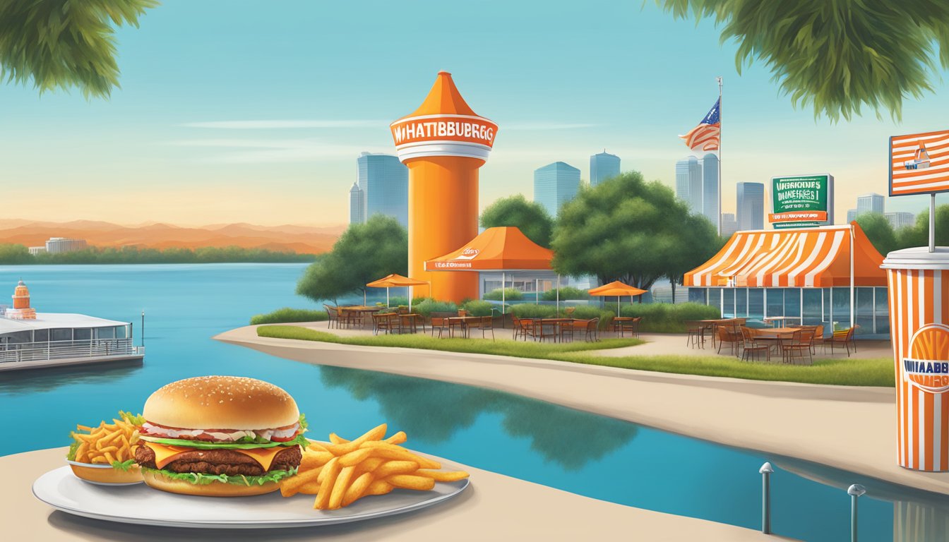 A colorful menu featuring Whataburger items against a backdrop of Lake Charles scenery