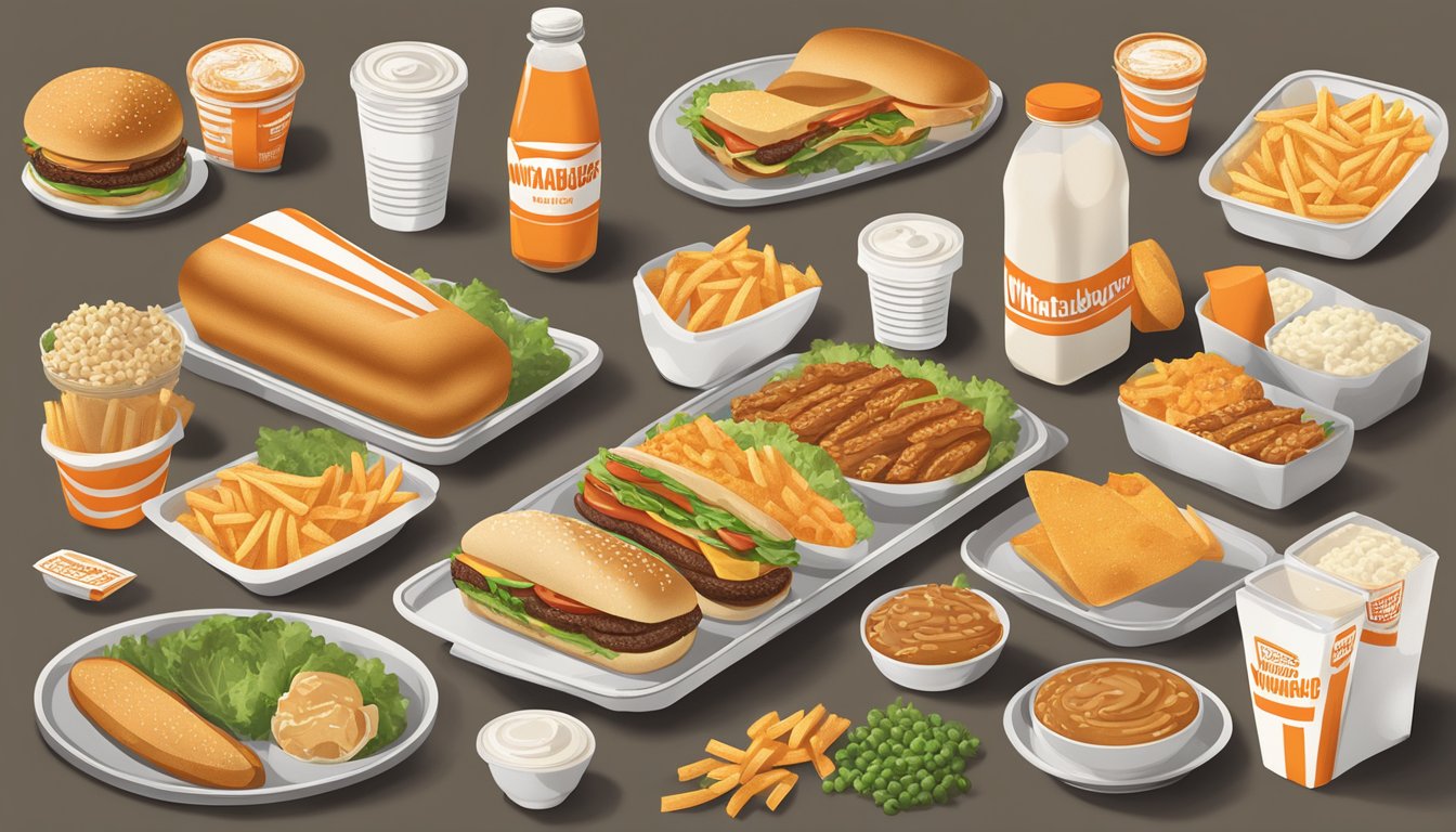 A table with a variety of Whataburger lunch items alongside nutritional information and dietary considerations