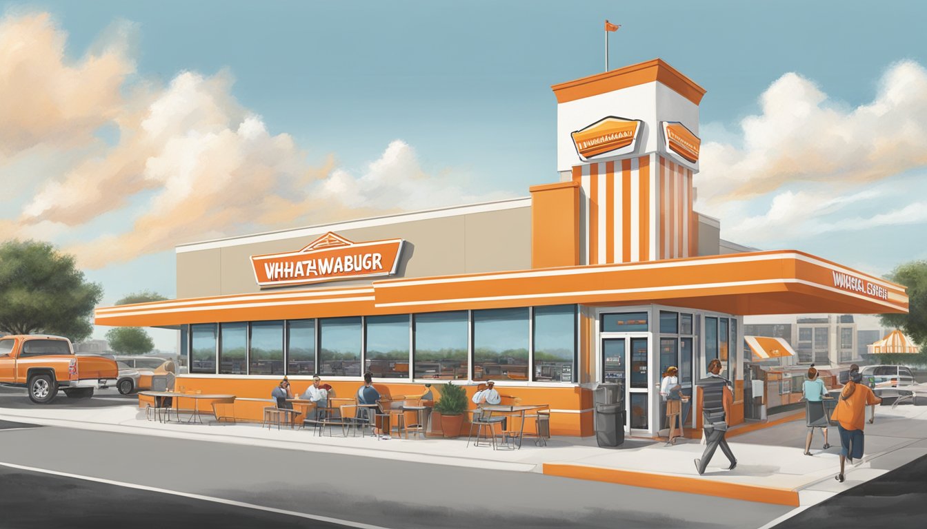 The Whataburger in Lake Charles is bustling with customers and staff, with the iconic orange and white striped building standing out against the backdrop of the city