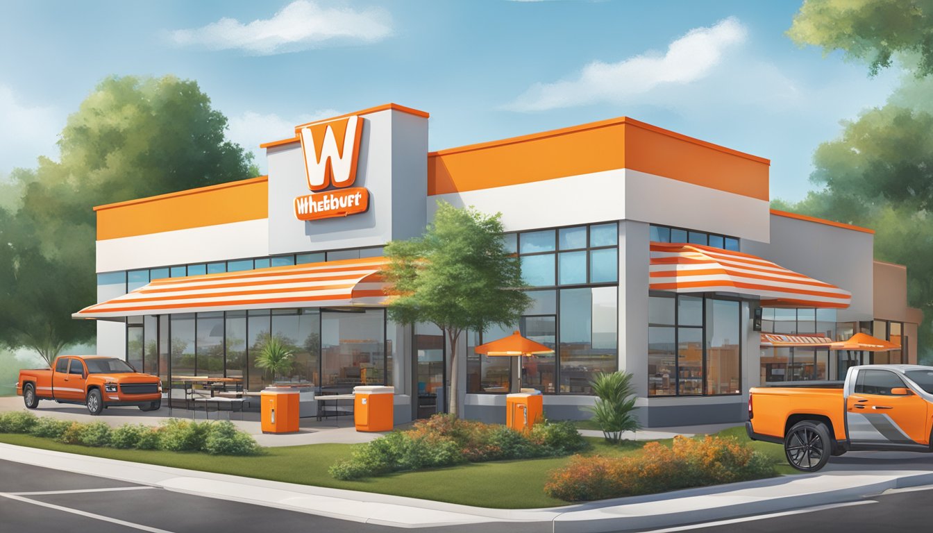 A bustling Whataburger restaurant in Lake Charles, with a drive-thru, outdoor seating, and a colorful logo on the building facade