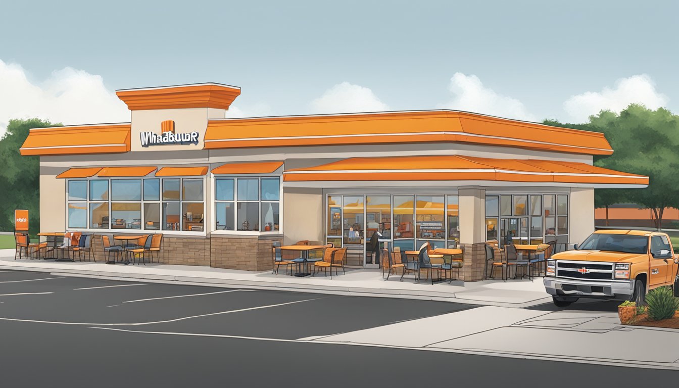 A Whataburger restaurant in Lake Charles with a bustling drive-thru and outdoor seating area filled with diverse groups of people enjoying their meals