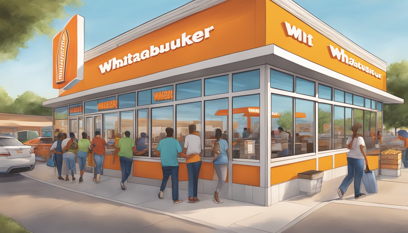 A bustling Whataburger location in Brownsville, Texas, with colorful signage and a steady stream of customers entering and exiting the restaurant