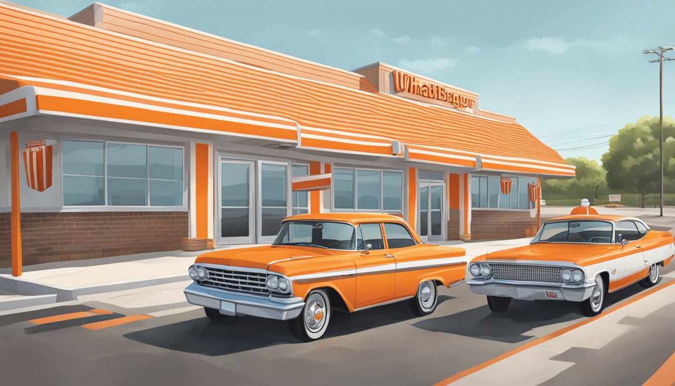 A drive-thru lane with cars waiting at a Whataburger restaurant in Brownsville, Texas. The restaurant's iconic orange and white striped building stands in the background