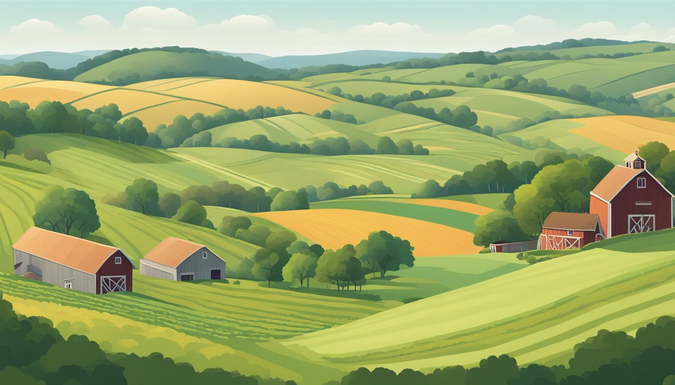 Rolling hills with scattered fields of crops, grazing livestock, and patches of forest. A farmhouse and barn sit in the distance