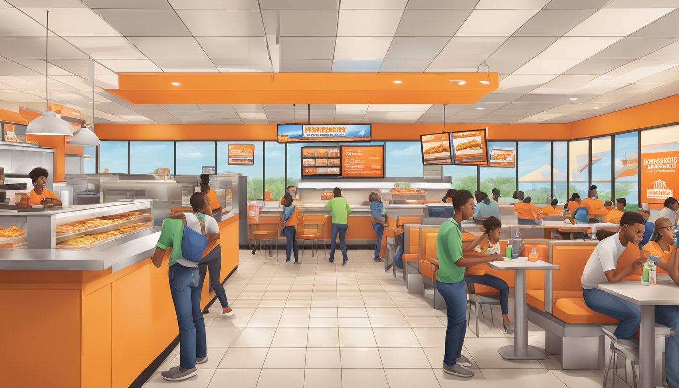 A bustling Whataburger restaurant in Brownsville, Texas, with customers redeeming points and receiving promotions for their loyalty