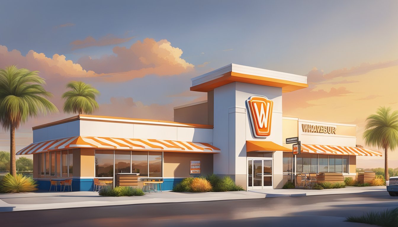 A sunny outdoor scene with a Whataburger restaurant in Brownsville, Texas, surrounded by palm trees and a drive-thru lane