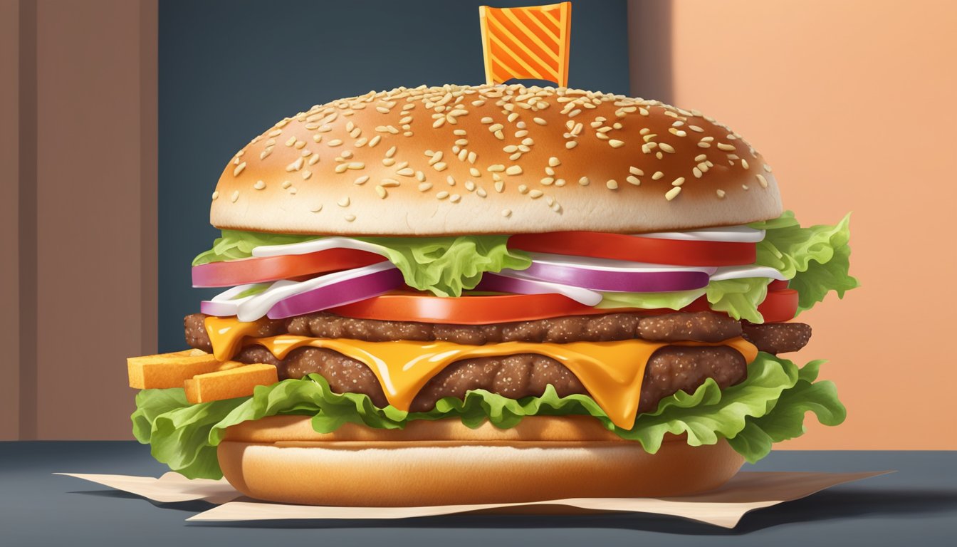 A juicy triple meat Whataburger sits on a sesame seed bun, with lettuce, tomato, and melted cheese, surrounded by a pile of crispy fries