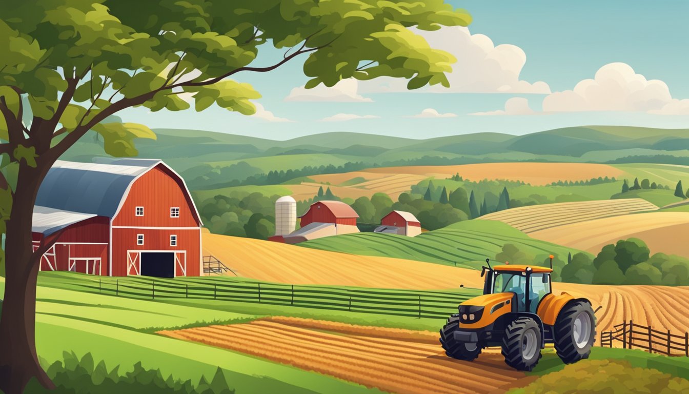 A rural landscape with a farmhouse, barn, and fields surrounded by rolling hills and trees. A tractor is plowing the land