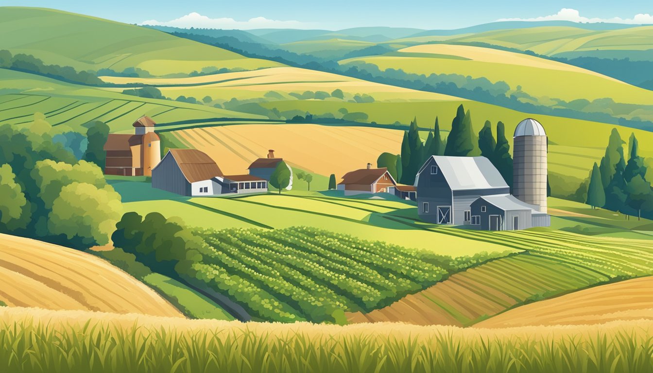 A rural landscape with a farmhouse, barn, and fields of crops under a clear blue sky