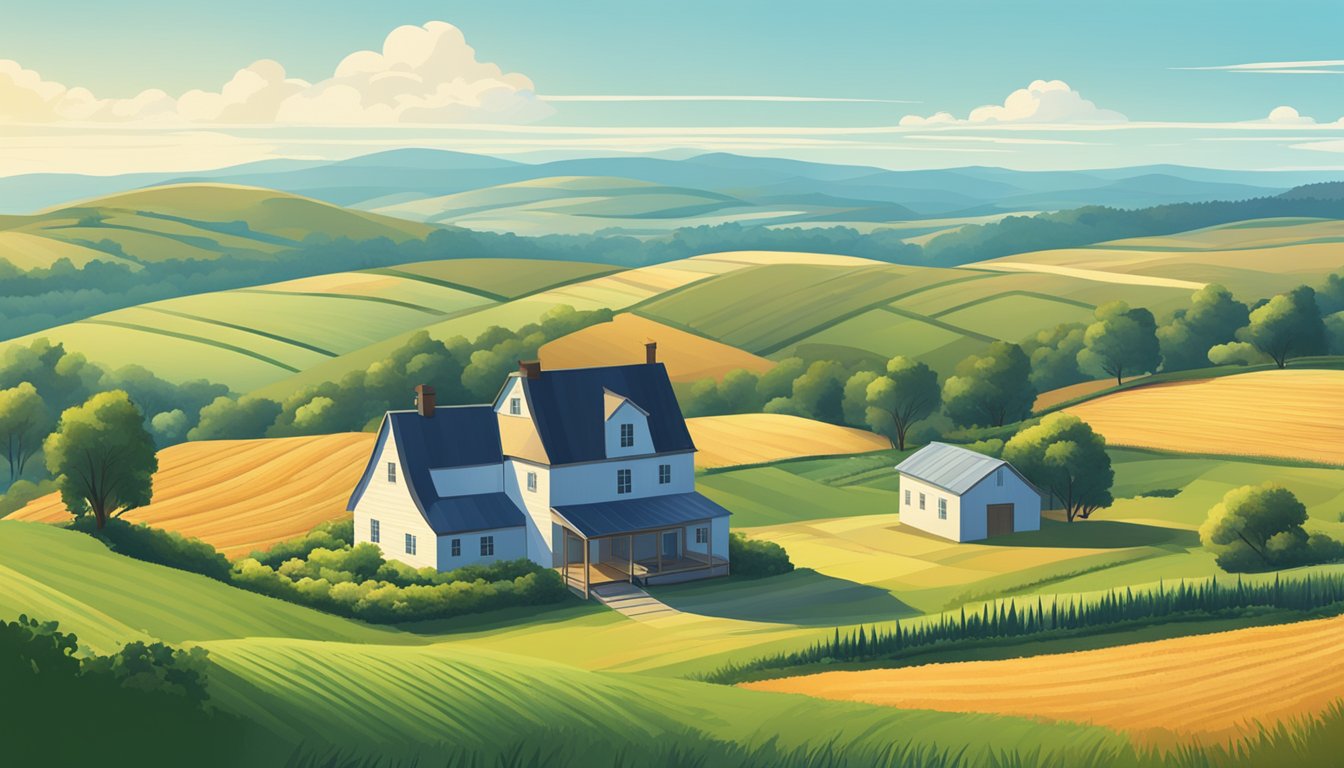 A rural landscape with a farmhouse, barn, and fields of crops, surrounded by rolling hills and a clear blue sky