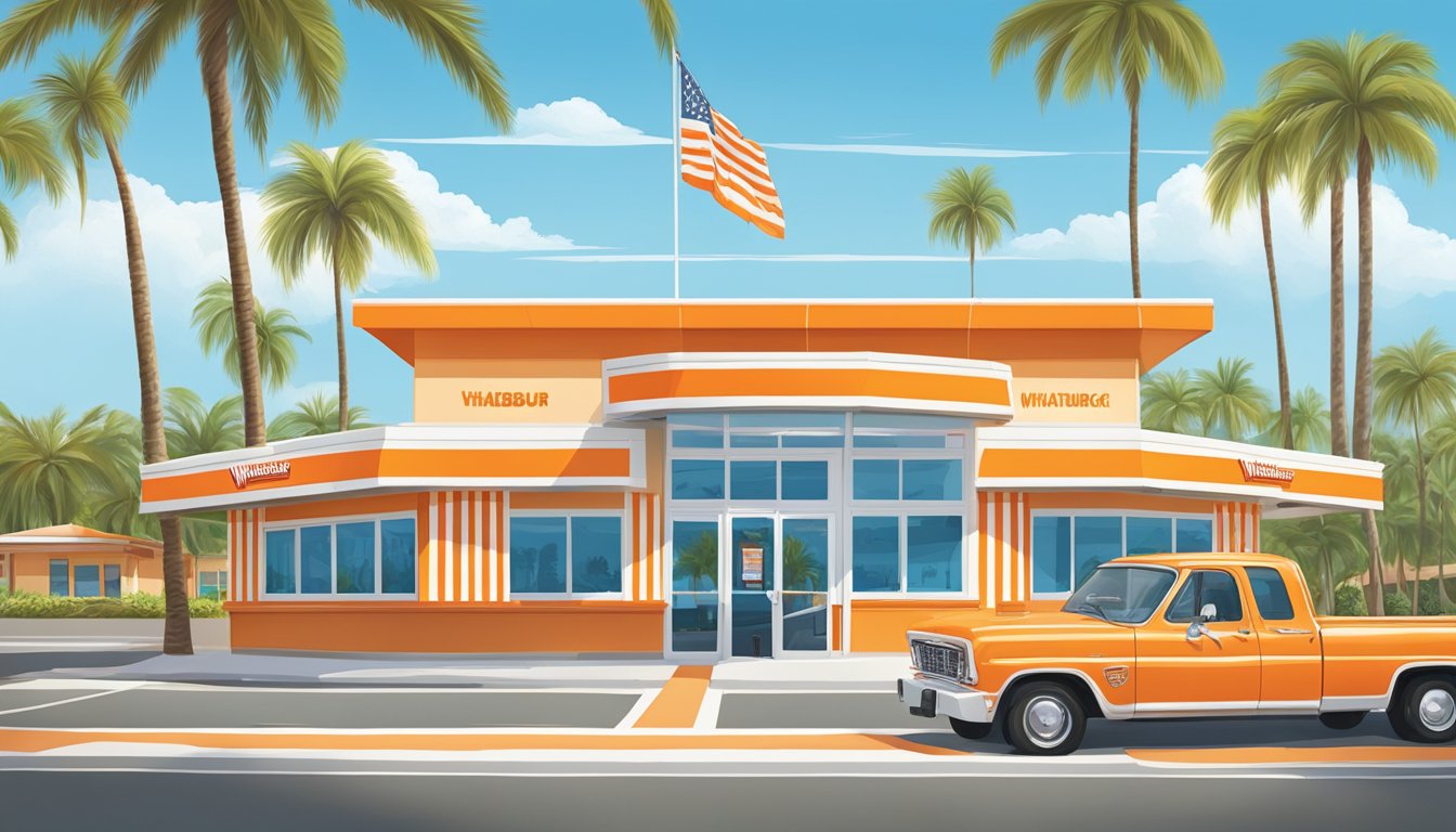 A bustling Whataburger restaurant in Florida, surrounded by palm trees and a sunny blue sky. The iconic orange and white striped building stands out against the tropical backdrop