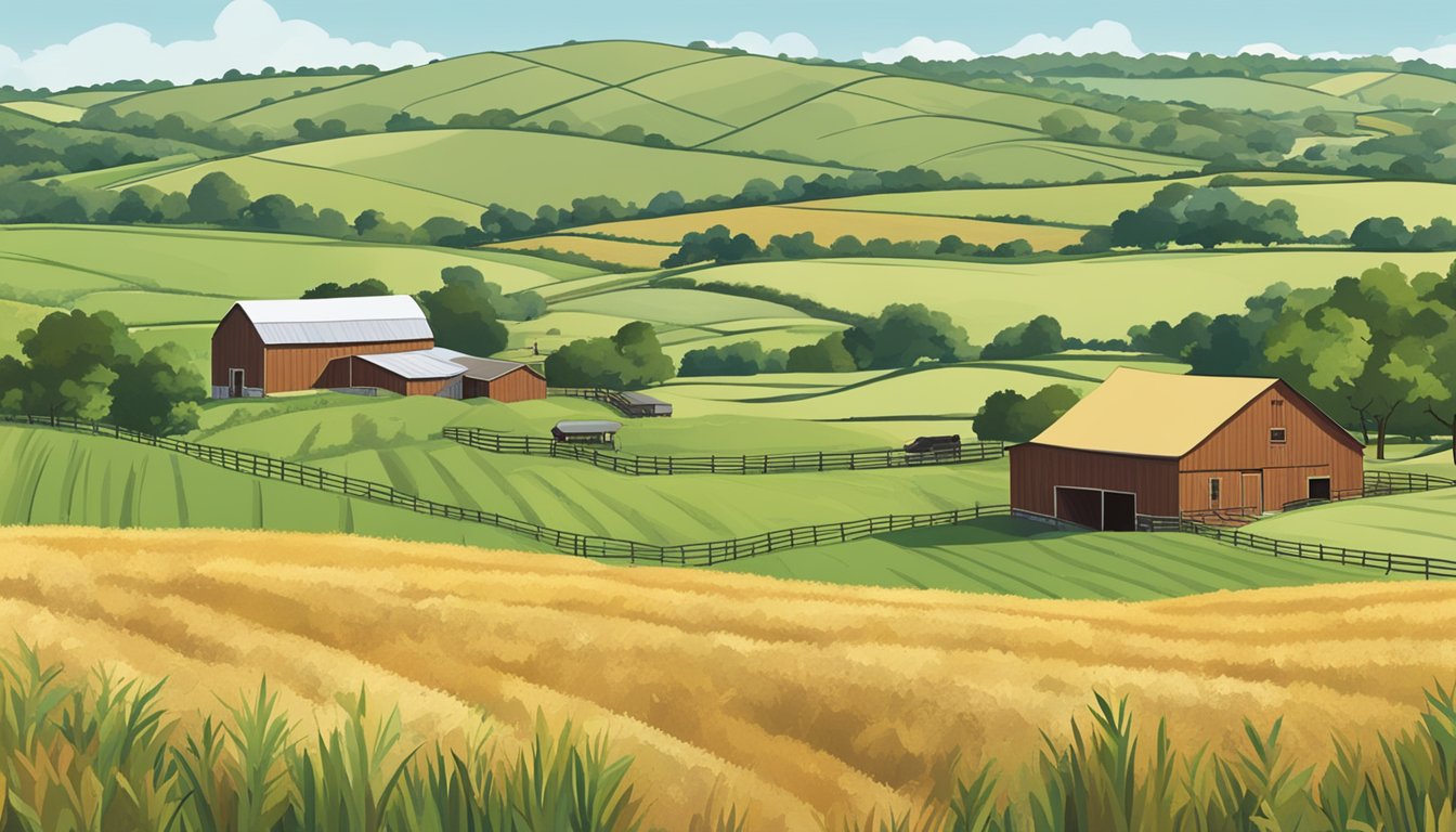 Rolling hills of Anderson County, Texas with fields of crops and grazing livestock, a barn and farmhouse in the distance