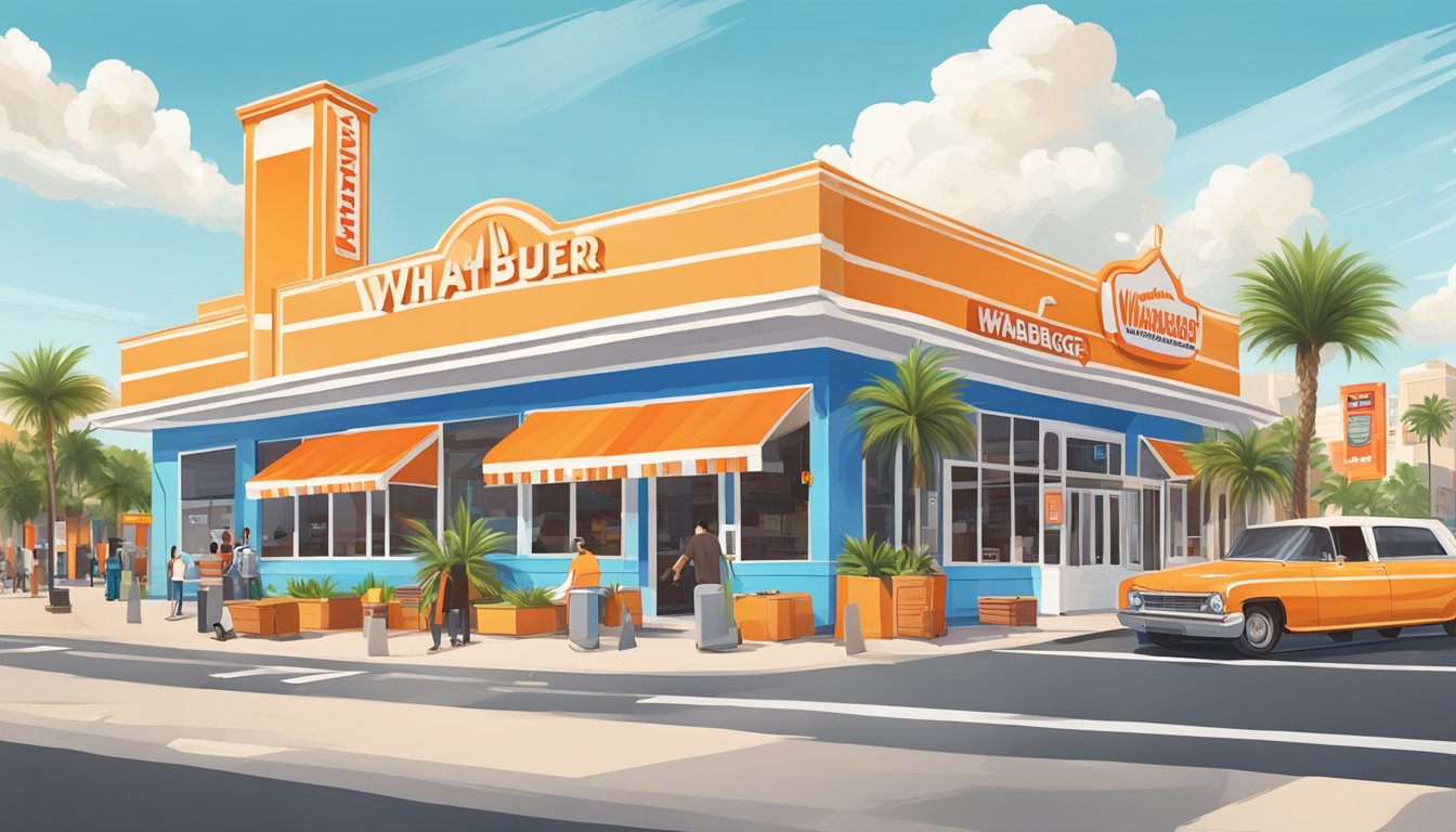 A bustling city street with palm trees and a Whataburger restaurant in the foreground, with a sunny sky and Florida landmarks in the background