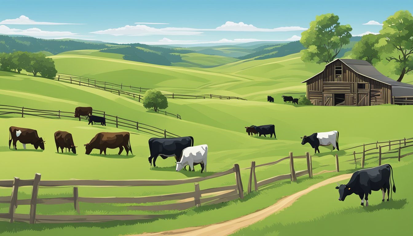 Rolling hills of green pastures with grazing cattle, a rustic barn, and a clear blue sky