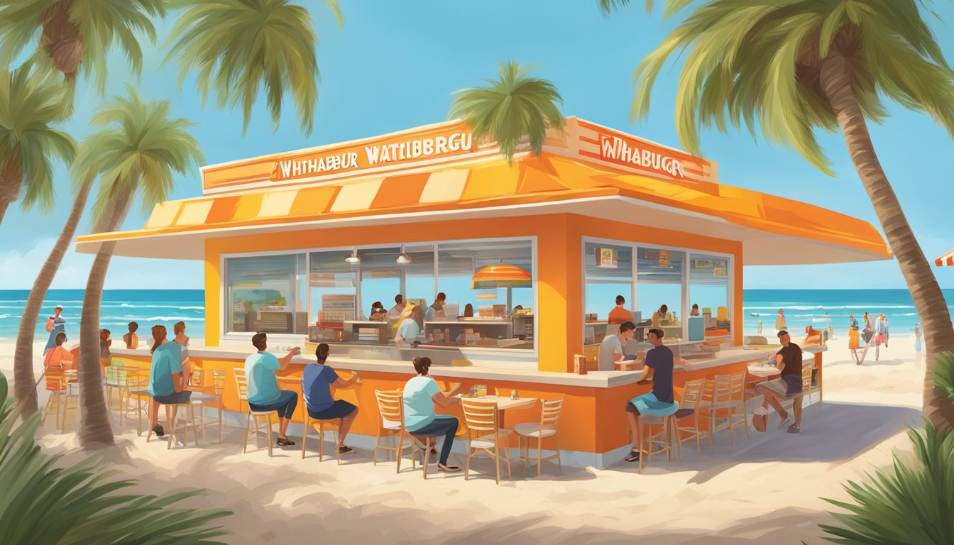 A sunny Florida beach scene with a Whataburger menu displayed on a colorful board, surrounded by palm trees and happy customers ordering food