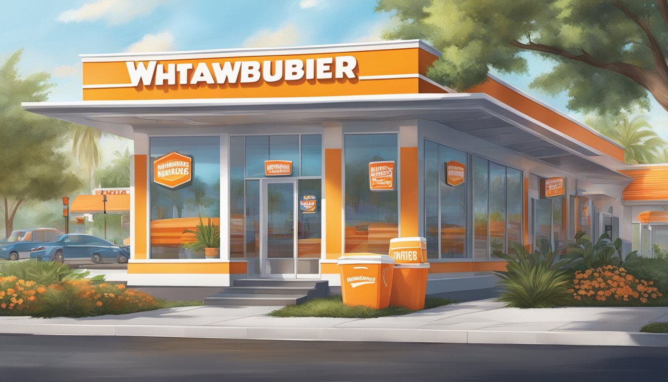 A colorful, bustling Whataburger restaurant in Florida, with a prominent "Exclusive Offers and Rewards Programs" sign displayed near the entrance