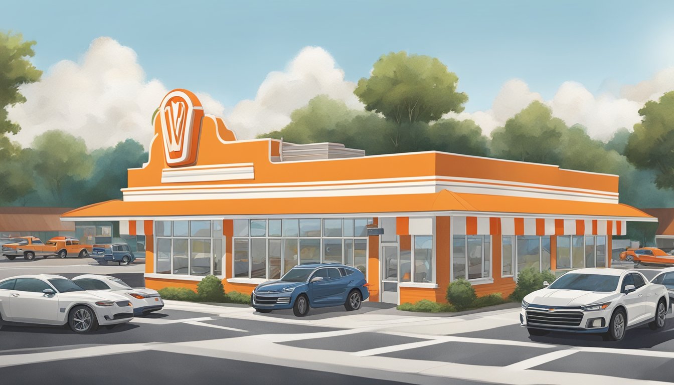 A bustling Whataburger restaurant in Snellville, with the iconic orange and white striped building and a drive-thru line of cars