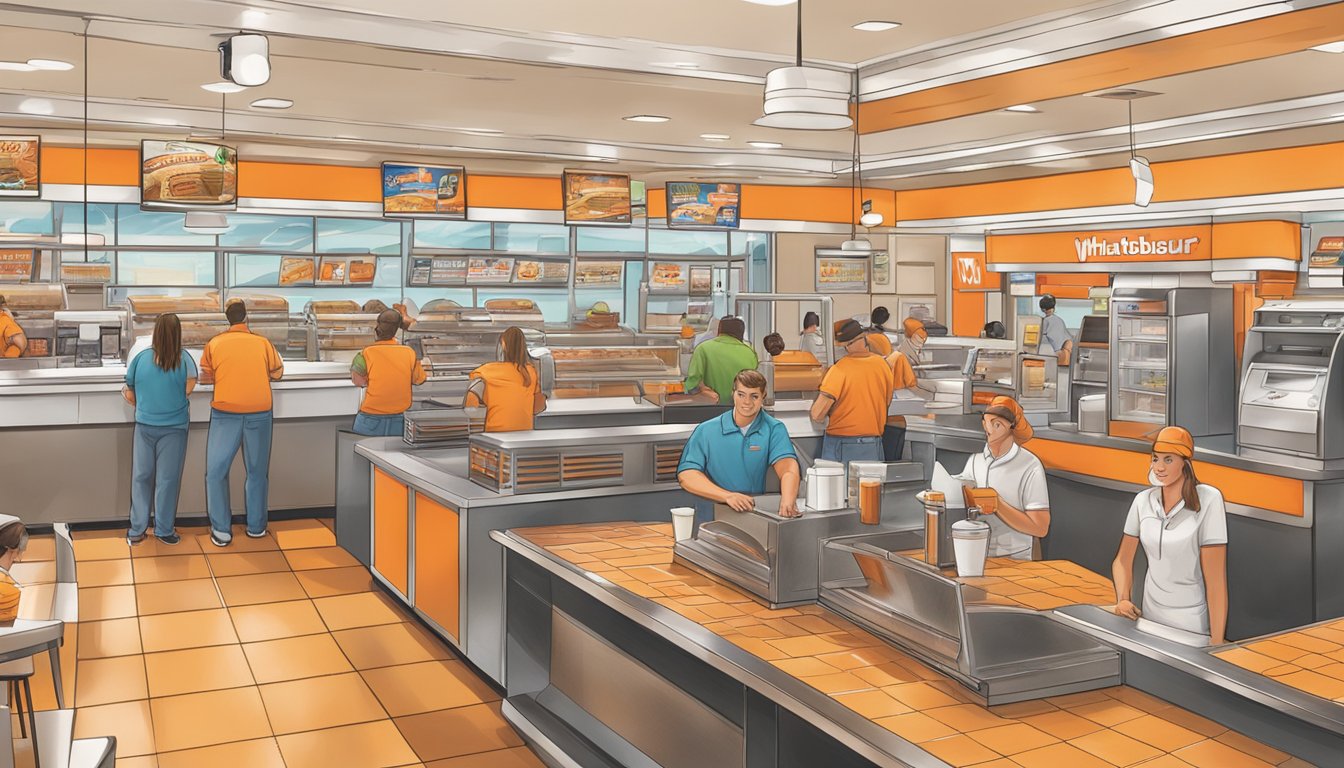 A bustling Whataburger restaurant in Florida, with customers lining up at the counter and staff working behind the grill and cash register