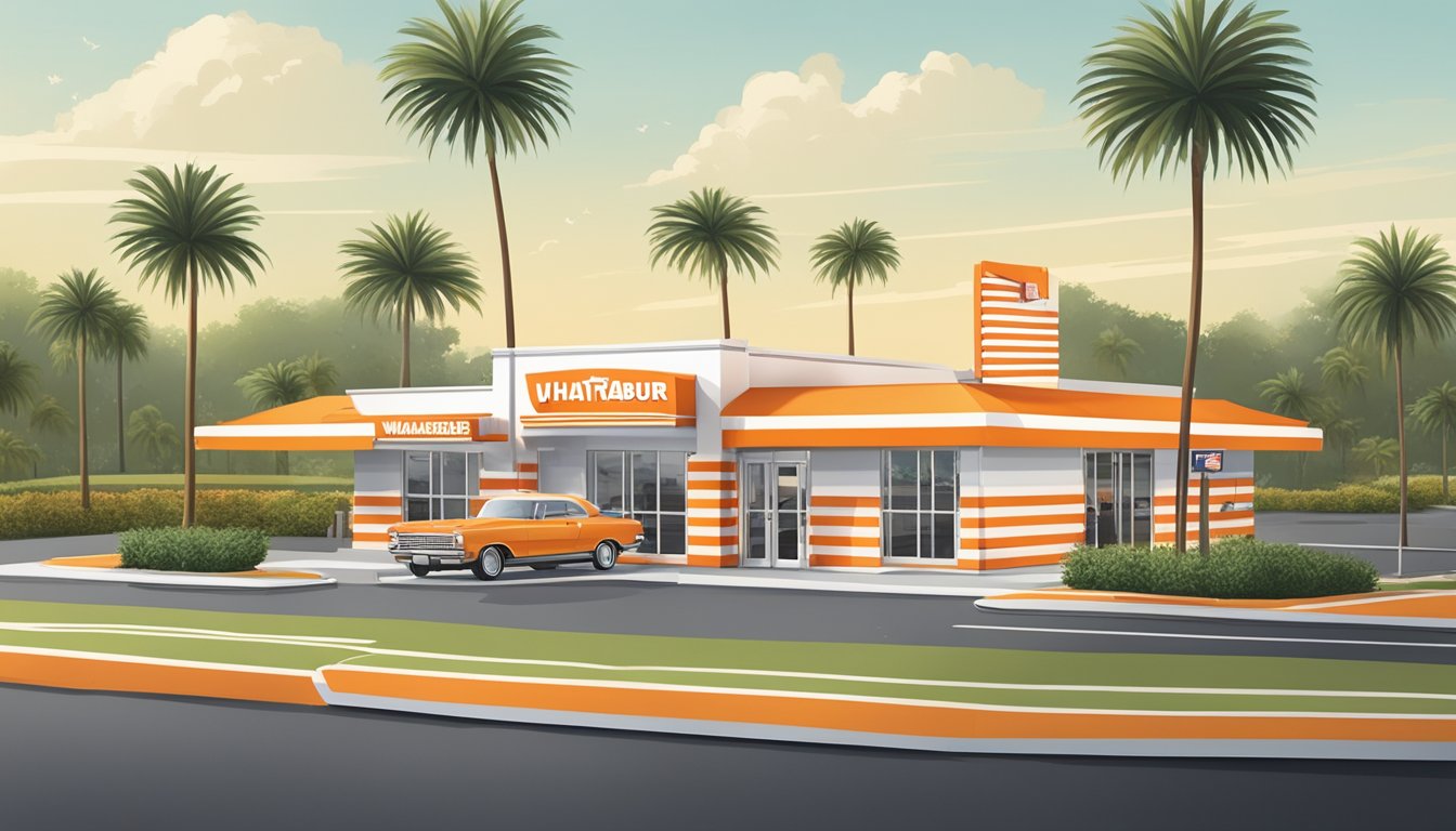 A Whataburger restaurant in Florida surrounded by palm trees, with a drive-thru and outdoor seating area, and a sign displaying the iconic orange and white stripes