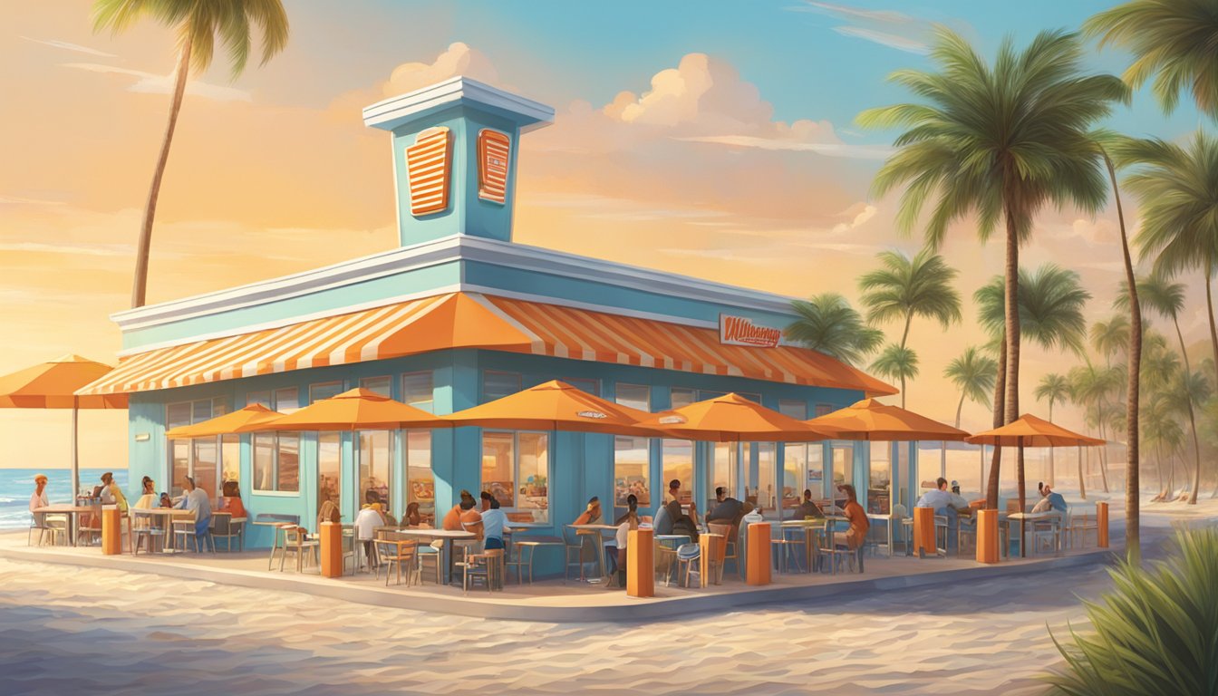 A sunny Florida beach with a palm tree-lined Whataburger location in the background, with customers enjoying their meals at outdoor tables