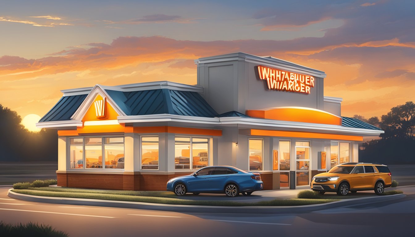 The Whataburger in Snellville is open, with cars in the drive-thru and customers inside ordering food. The sun is setting in the background