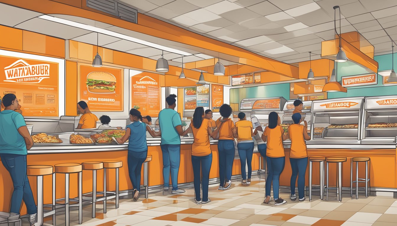 Customers browsing menu at a Whataburger in McAllen, Texas, with the restaurant's logo and various food options displayed