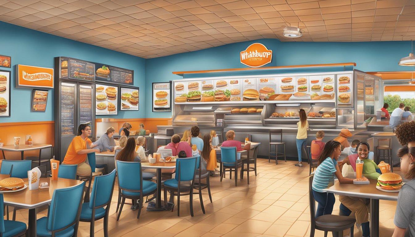 A bustling fast-food restaurant with a large, illuminated menu board featuring the highlights of the Whataburger menu in Snellville