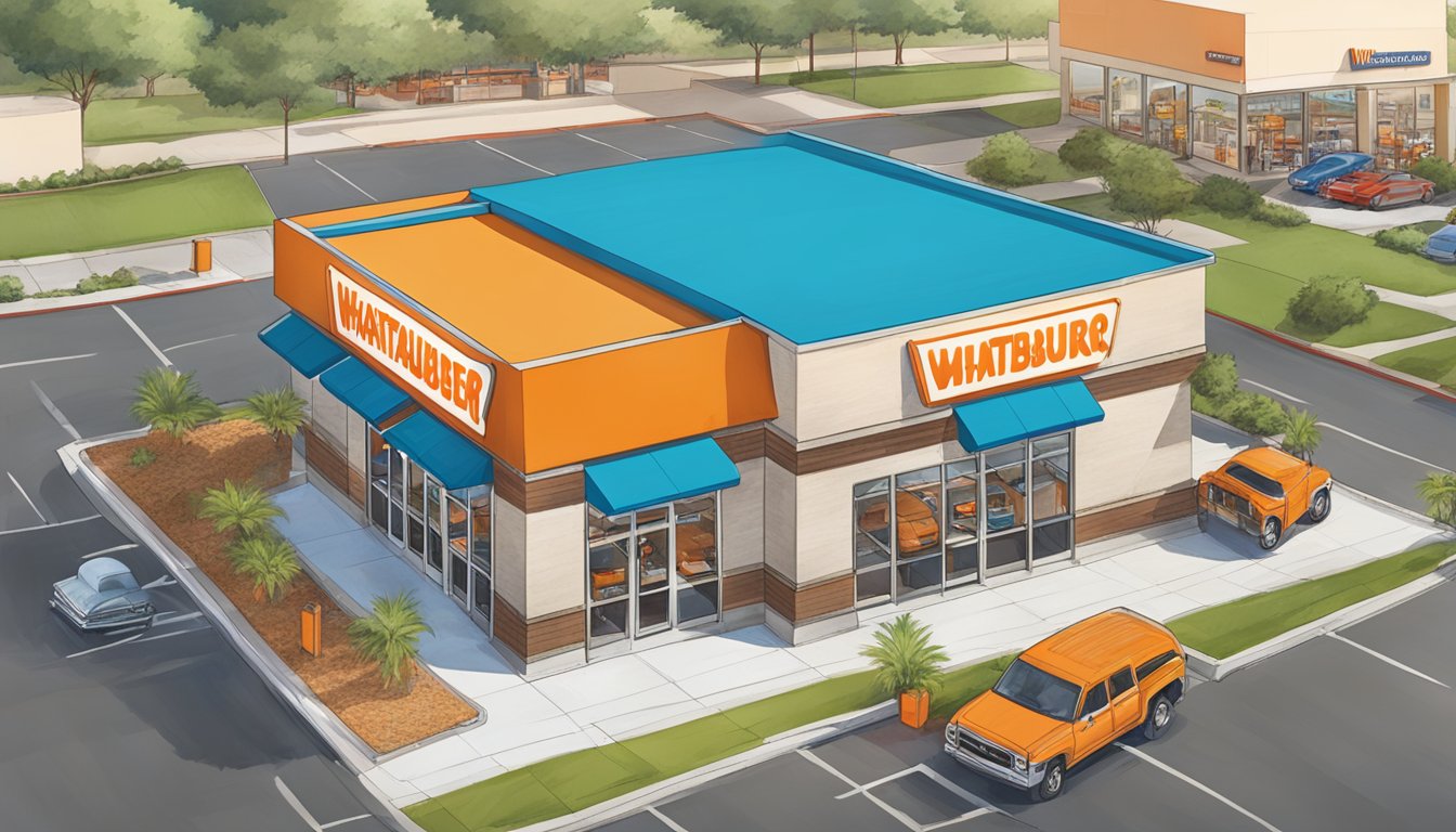 A bustling Whataburger restaurant in McAllen, Texas with cars lined up at the drive-thru, and customers entering and exiting the building