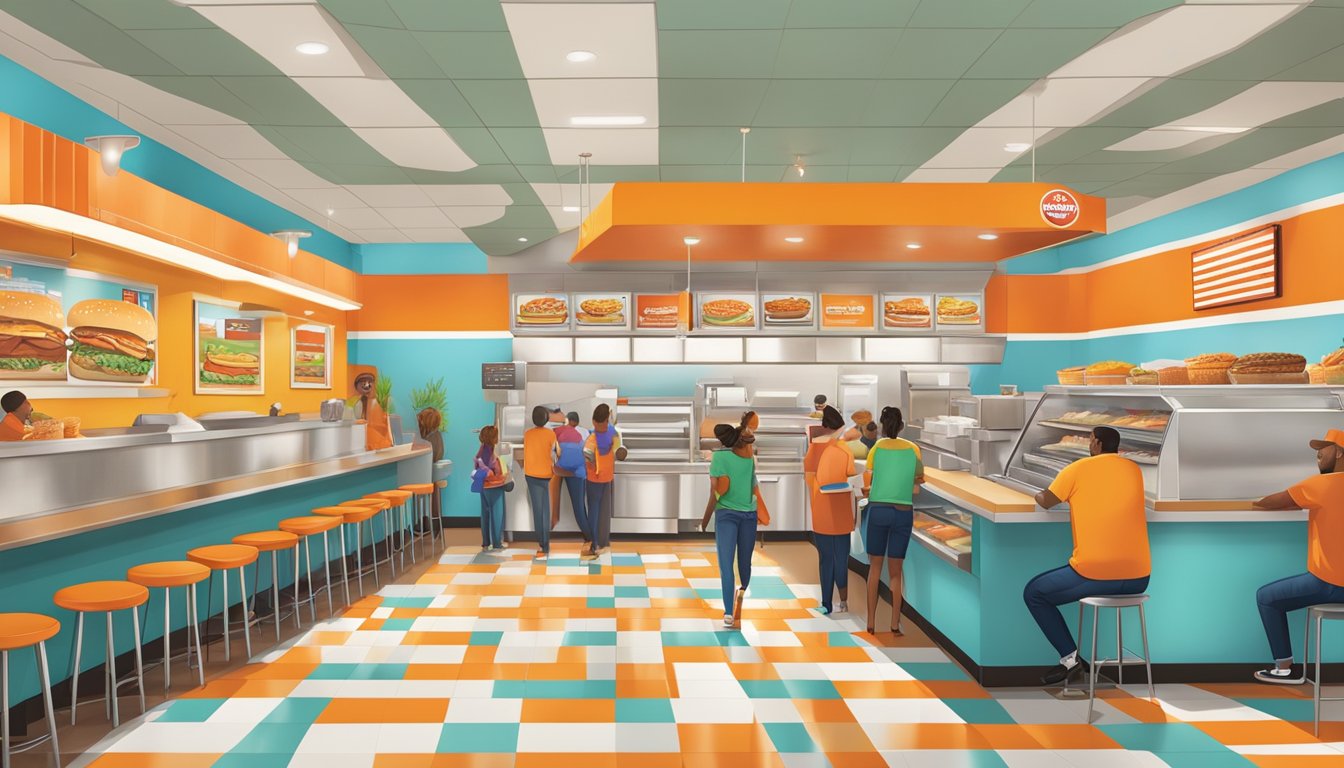 A bustling Whataburger restaurant in Snellville, with colorful decor, a line of customers, and a busy kitchen