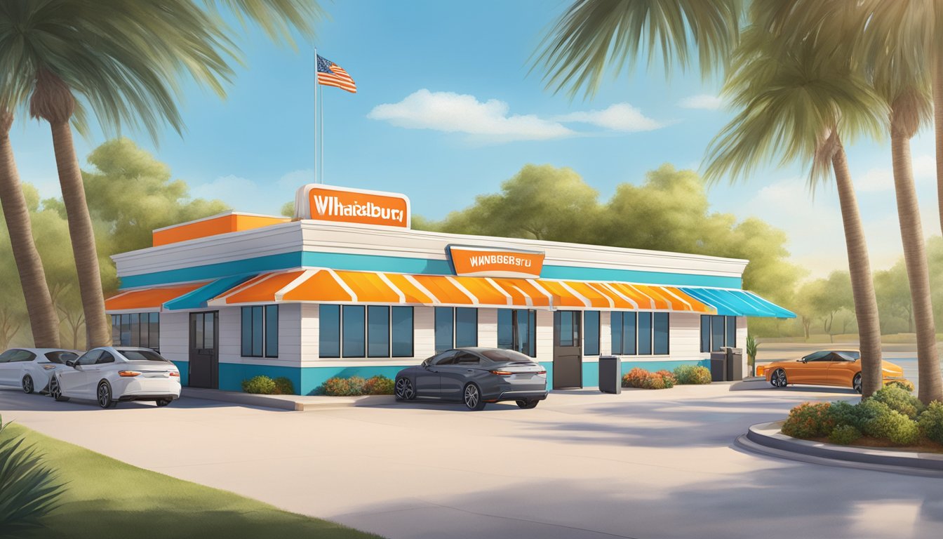 A Whataburger restaurant in McAllen, Texas, with a colorful sign, drive-thru, and outdoor seating area surrounded by palm trees