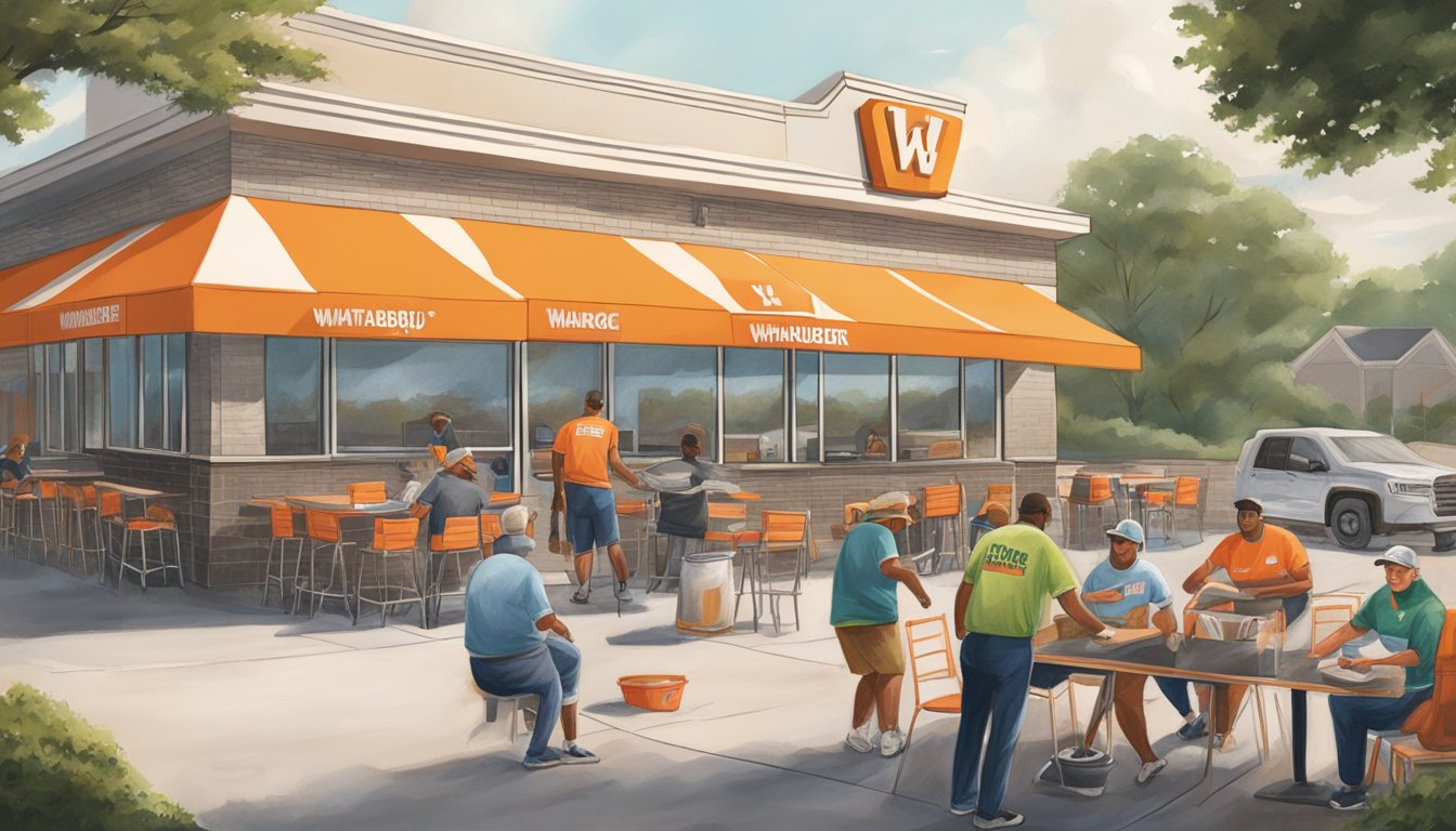 A bustling Whataburger in Snellville, with volunteers cleaning up the surrounding area and locals enjoying a meal on the outdoor patio